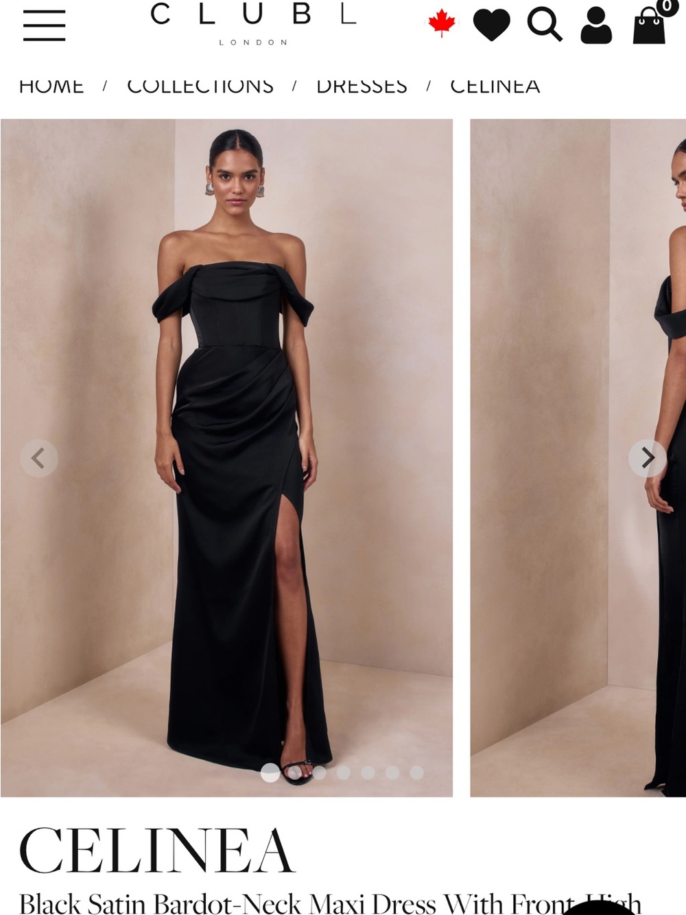 Club L London Black Satin Bardot Maxi Dress with Front Slit US 2